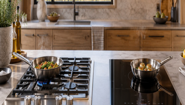Side-by-side view of a gas burner with a blue flame and a sleek glass induction cooktop in a modern kitchen